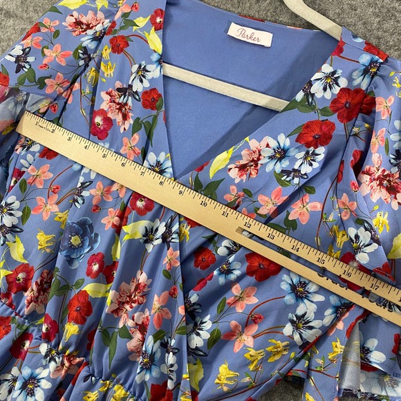 Parker Midi Wrap Dress Small Blue Floral Print Short Sleeve A-Line High-Low - Picture 8 of 11